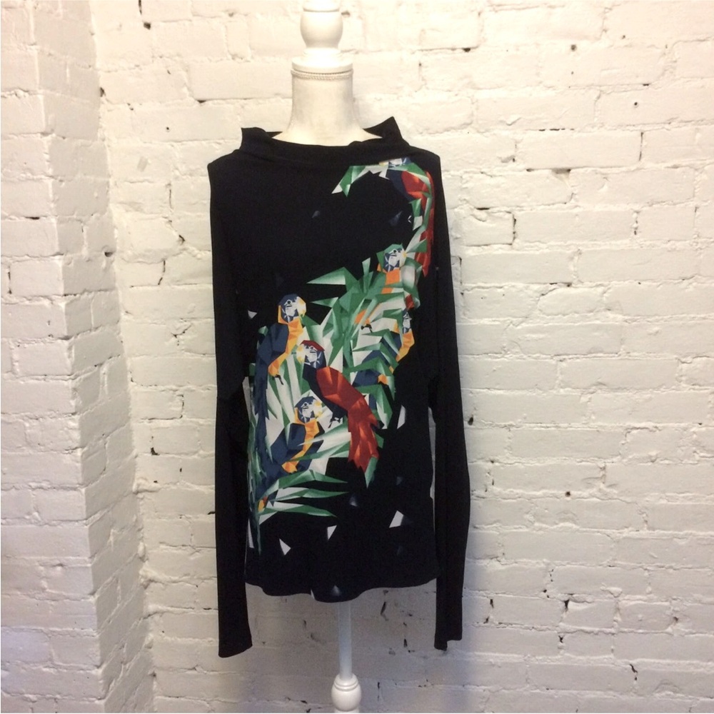 Norma Kamali all in one black knit mini dress parrot print size xs